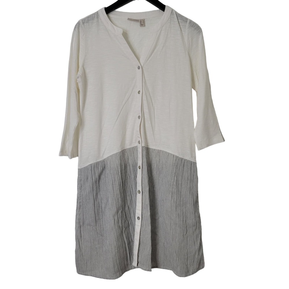 LOGO‎ by Lori Goldstein Tunic Shirt Dress XS Button Up Pinstripe Lagenlook Artsy